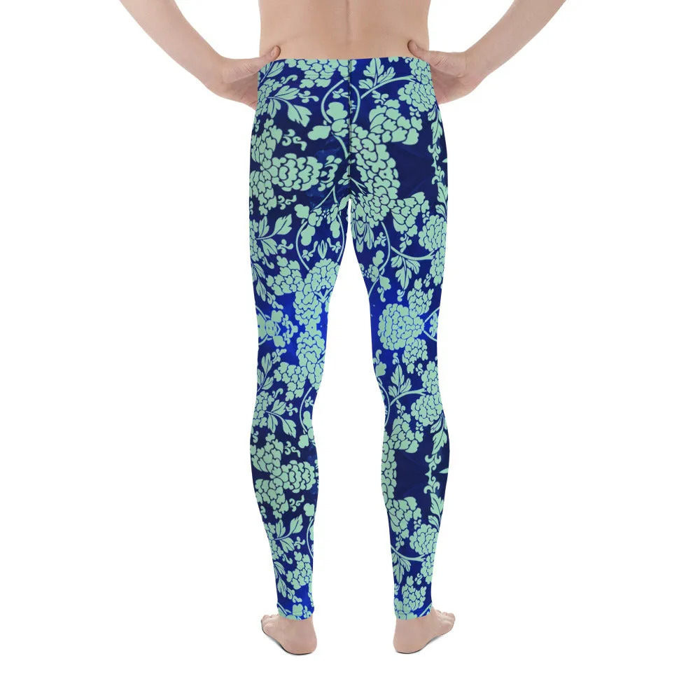 Blue Floral Print Men's Leggings, Best Blue Oriental Style Floral Print Meggings Compression Tights - Made in USA/EU/MX