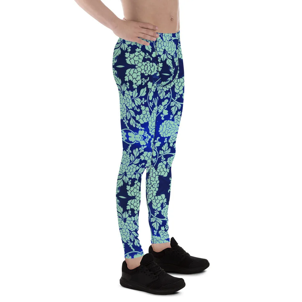 Blue Floral Print Men's Leggings, Best Blue Oriental Style Floral Print Meggings Compression Tights - Made in USA/EU/MX