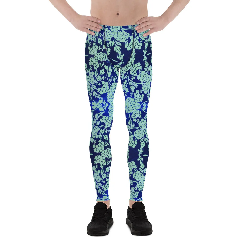 Blue Floral Print Men's Leggings, Best Blue Oriental Style Floral Print Meggings Compression Tights - Made in USA/EU/MX