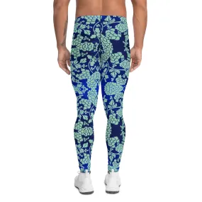 Blue Floral Print Men's Leggings, Best Blue Oriental Style Floral Print Meggings Compression Tights - Made in USA/EU/MX