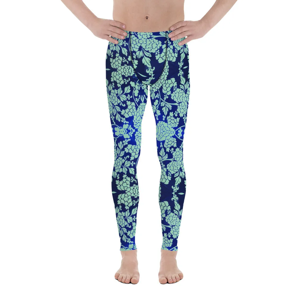 Blue Floral Print Men's Leggings, Best Blue Oriental Style Floral Print Meggings Compression Tights - Made in USA/EU/MX