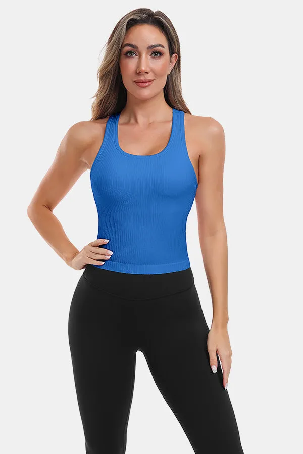 Blue Short Navel-Exposed Racerback Design U-Neck Seamless Tight Fit Yoga Tank