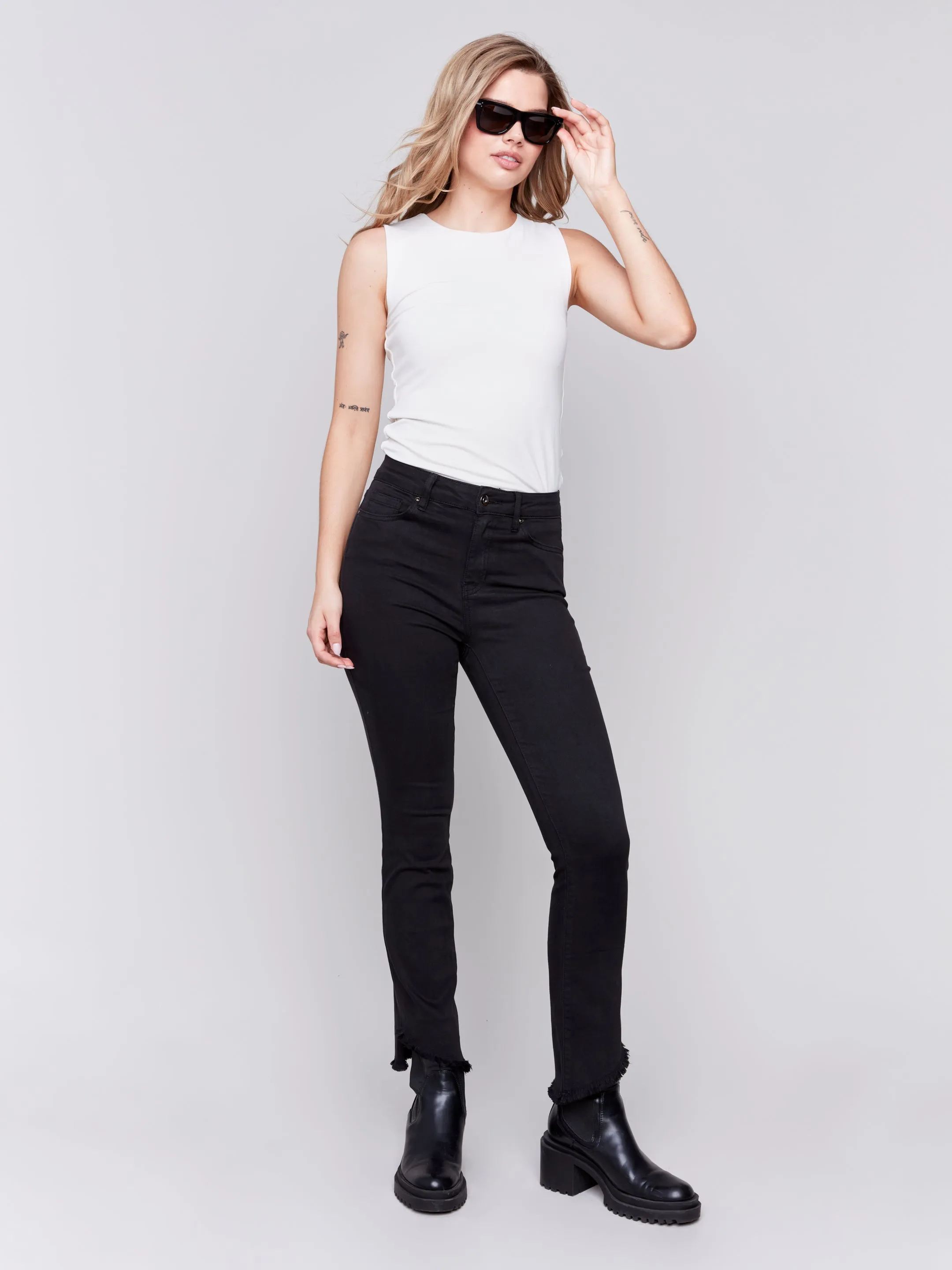 Bootcut Twill Pants with Asymmetrical Hem