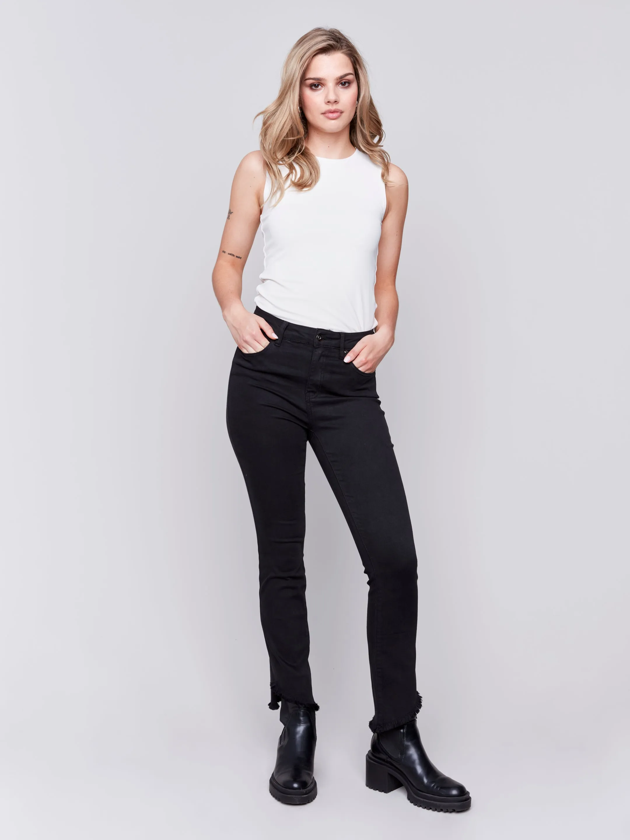 Bootcut Twill Pants with Asymmetrical Hem