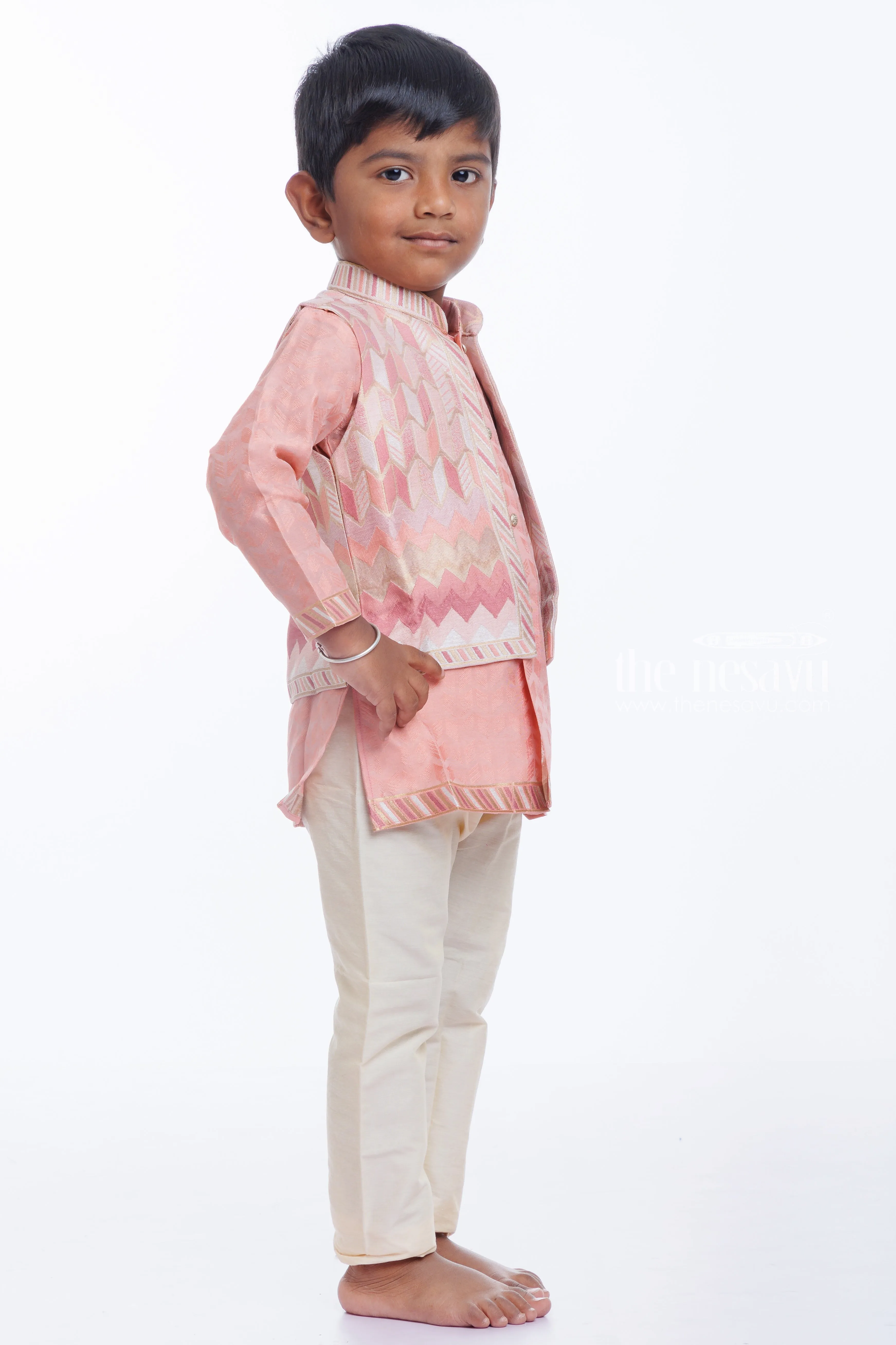 Boys Traditional Chevron Jacket and Cream Kurta Pant Set