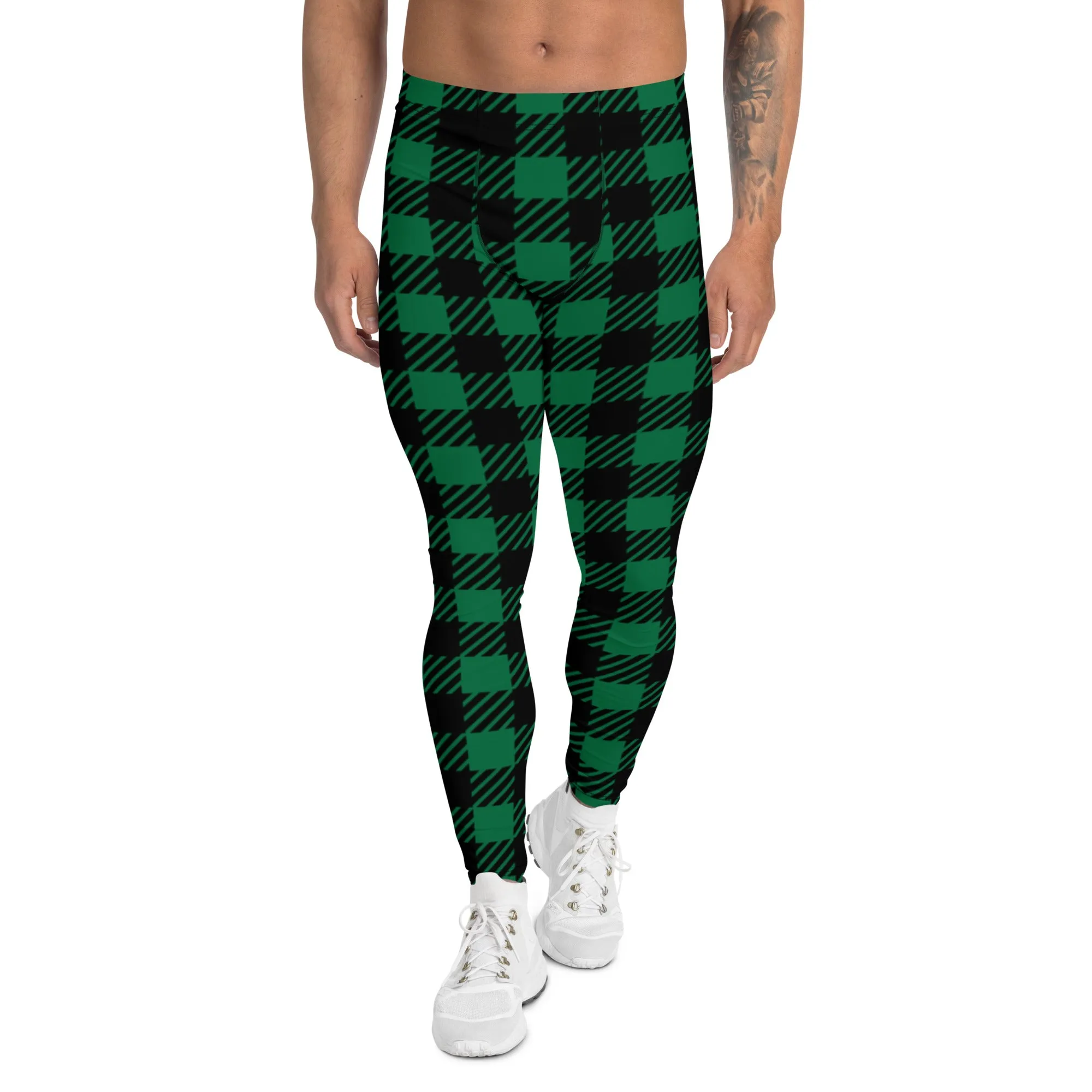 Buffalo Green Plaid Print Meggings, Preppy Best Men's Leggings Running Tights - Made in USA/EU/MX