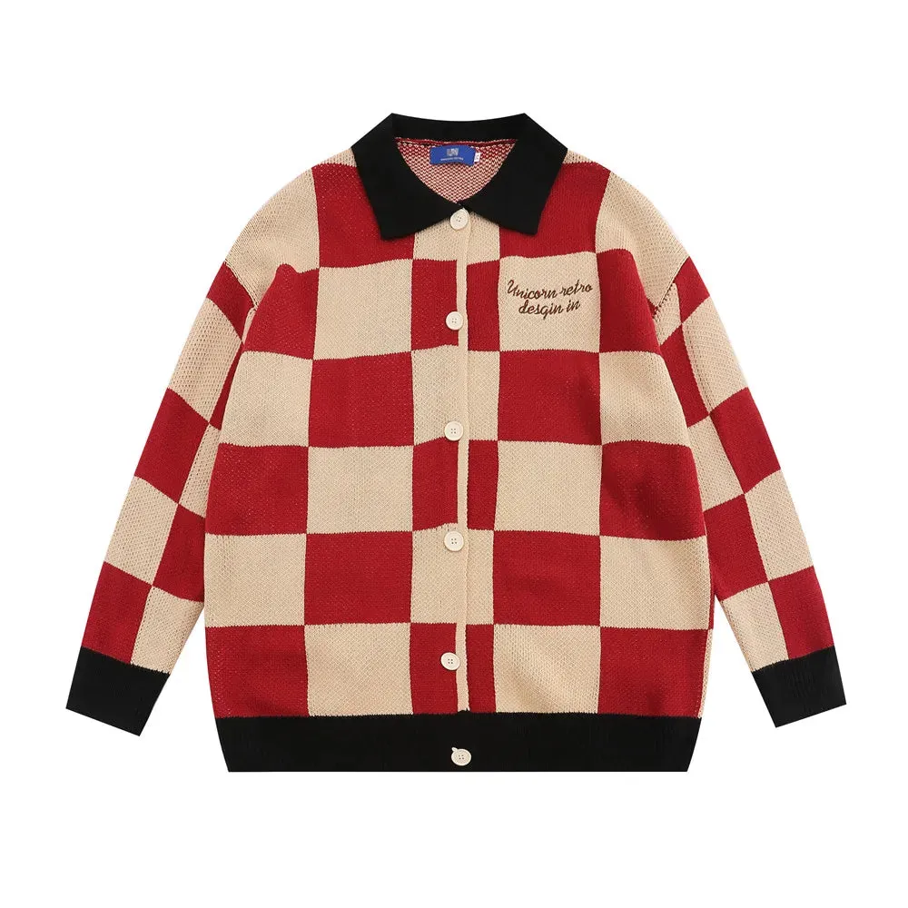 Checkerboard Grid Knitted Sweater with Letter Embroidery - Casual Streetwear