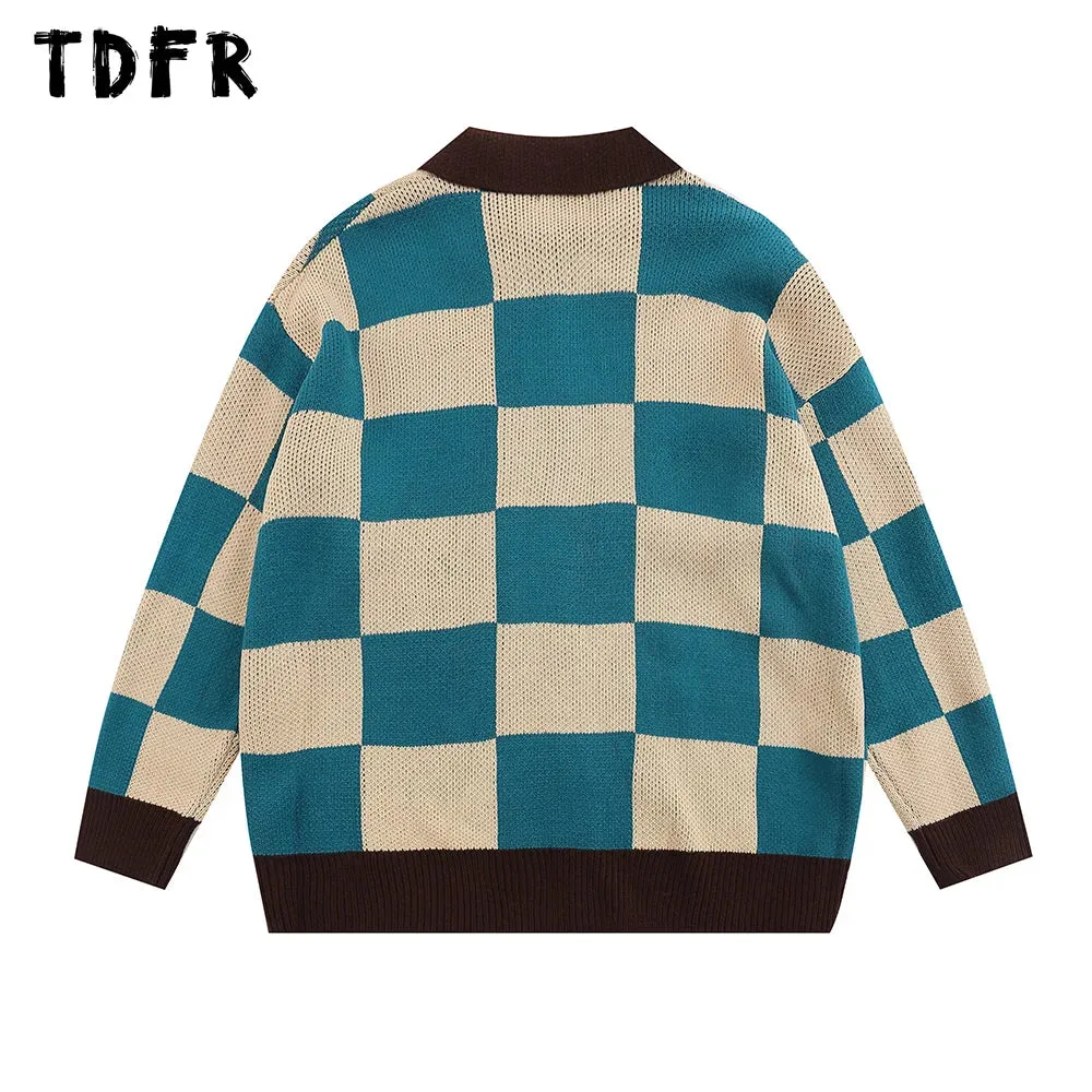 Checkerboard Grid Knitted Sweater with Letter Embroidery - Casual Streetwear