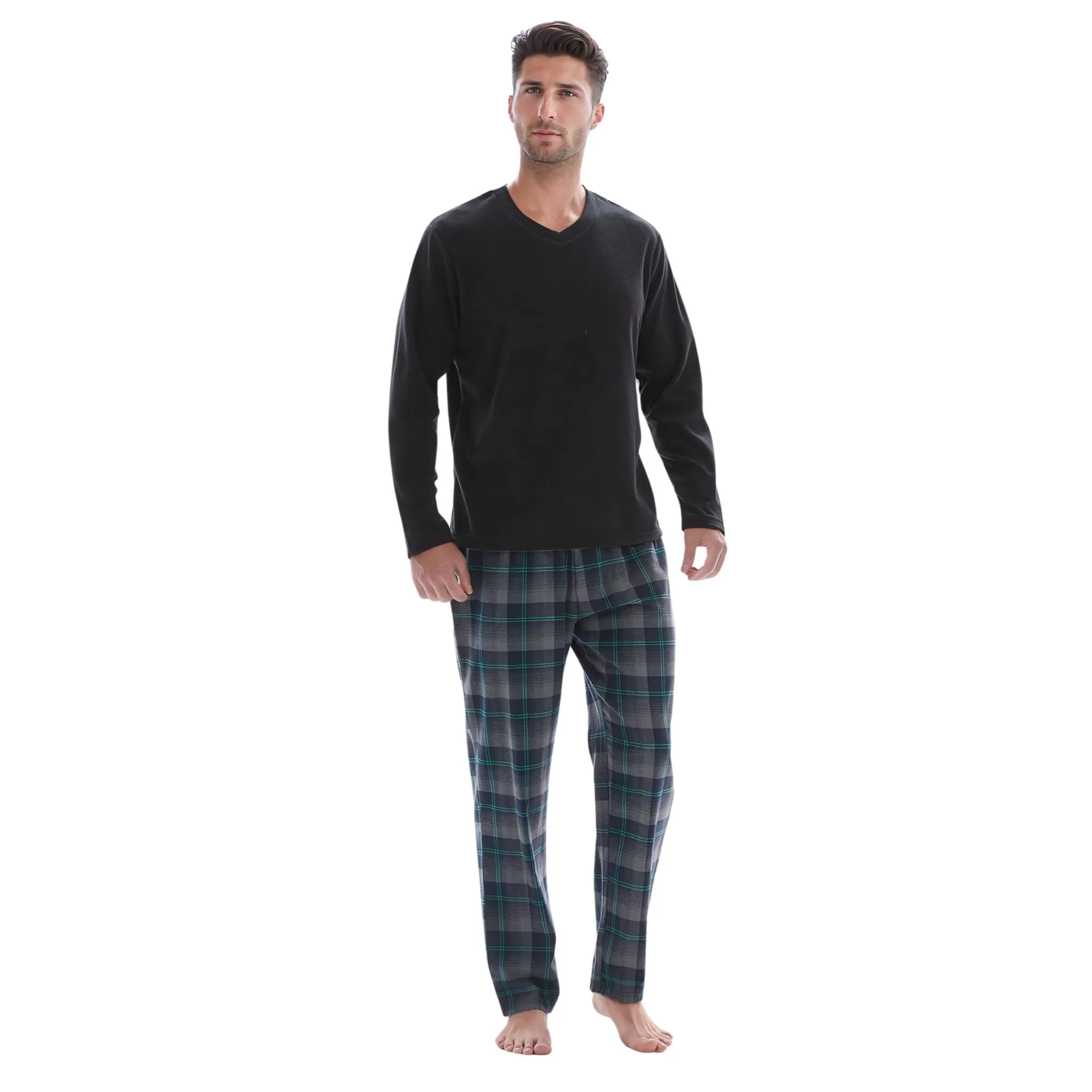 Checkered Pattern Pyjamas Fleece Top Cotton Bottoms Loungewear.