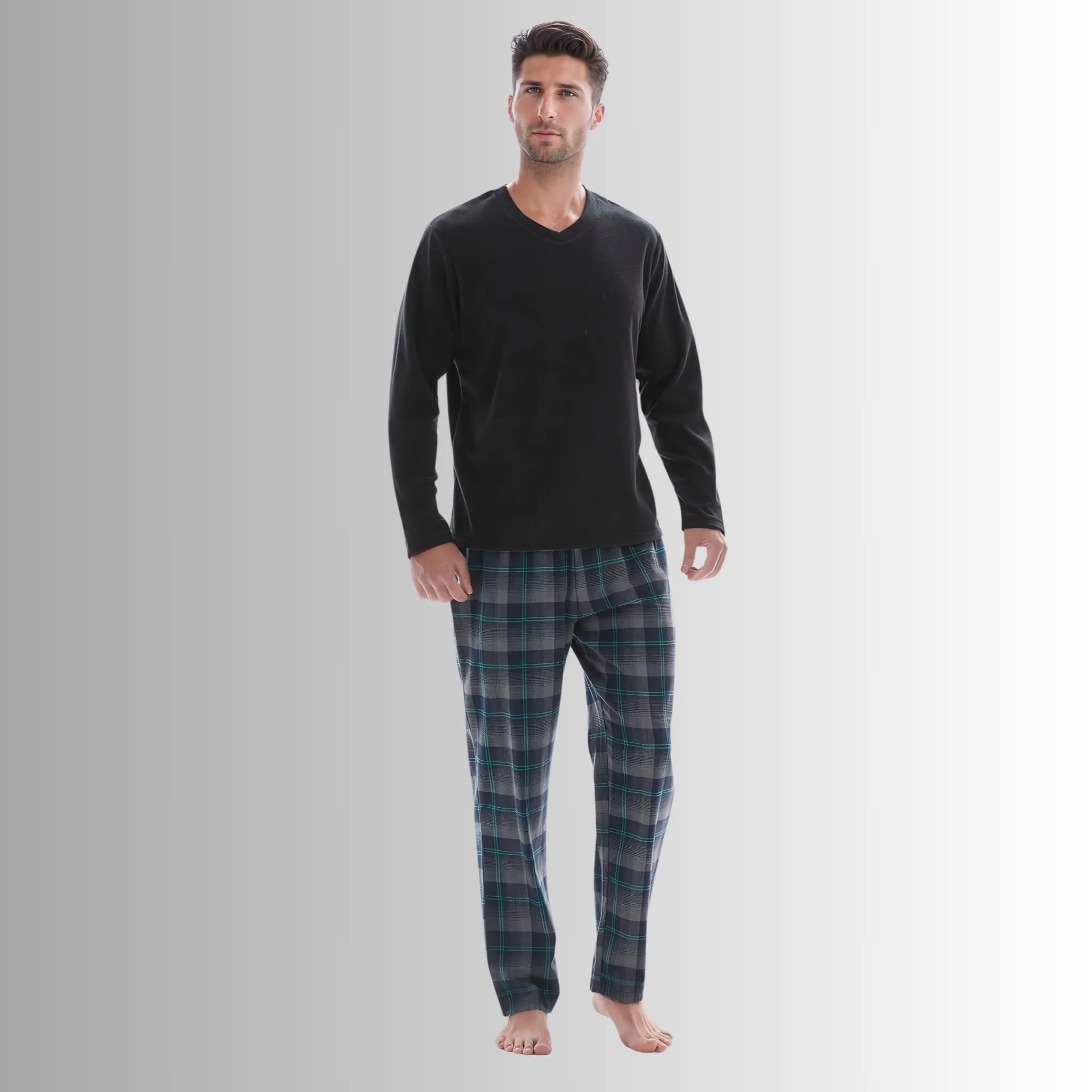 Checkered Pattern Pyjamas Fleece Top Cotton Bottoms Loungewear.