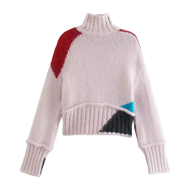 Color blocking design half high neck sweater retro lazy sweater  7420