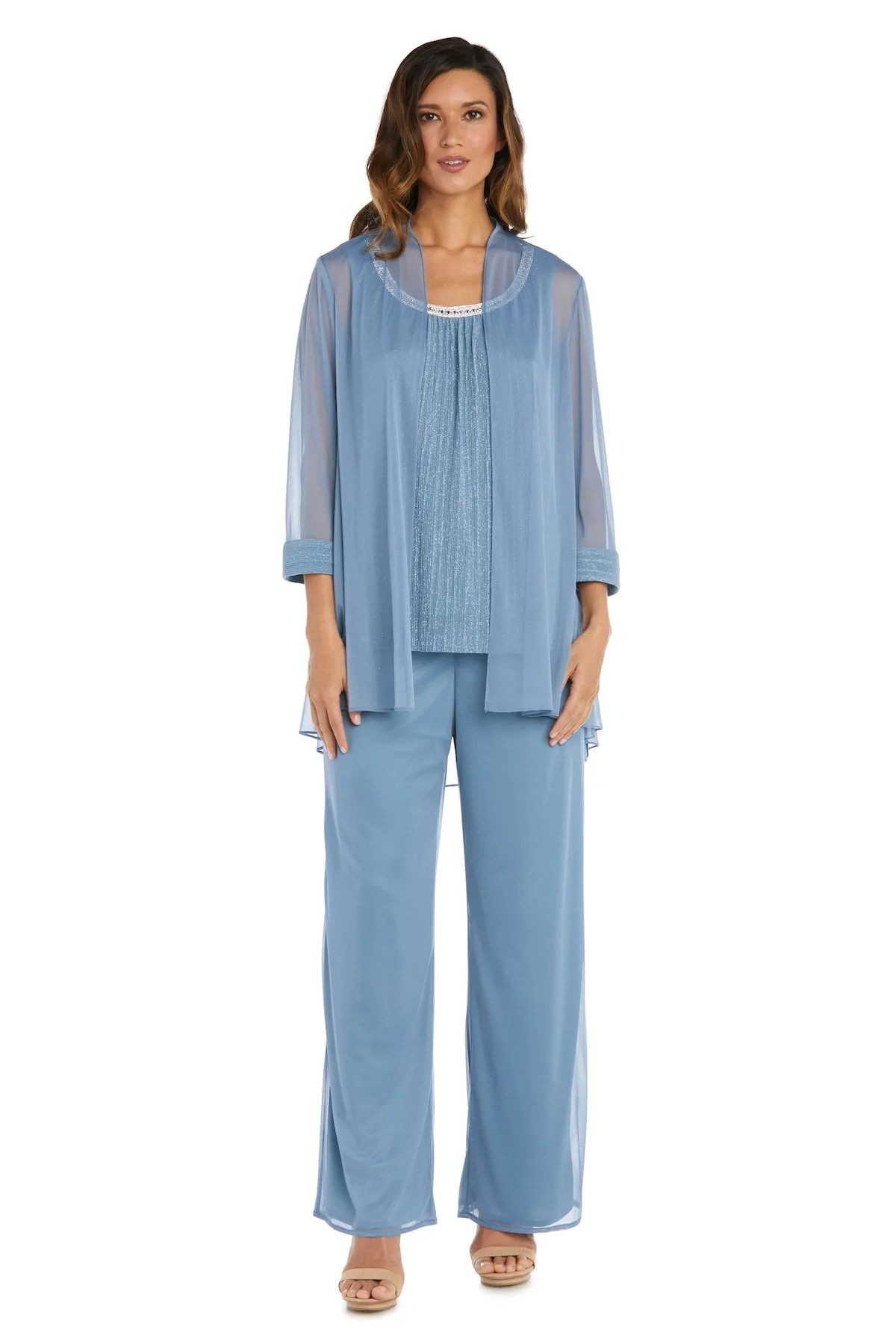 Crinkle Chiffon Three-Piece Pant Set with Beaded Neckline