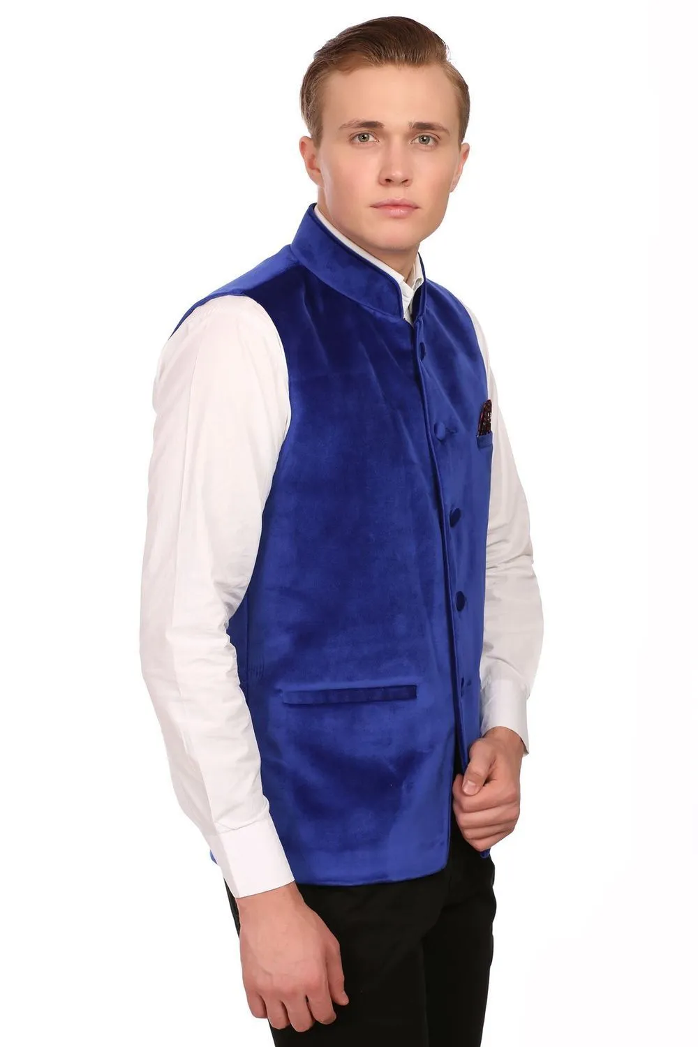 Dust Free Cotton Velvet Blue Modi Nehru Jacket