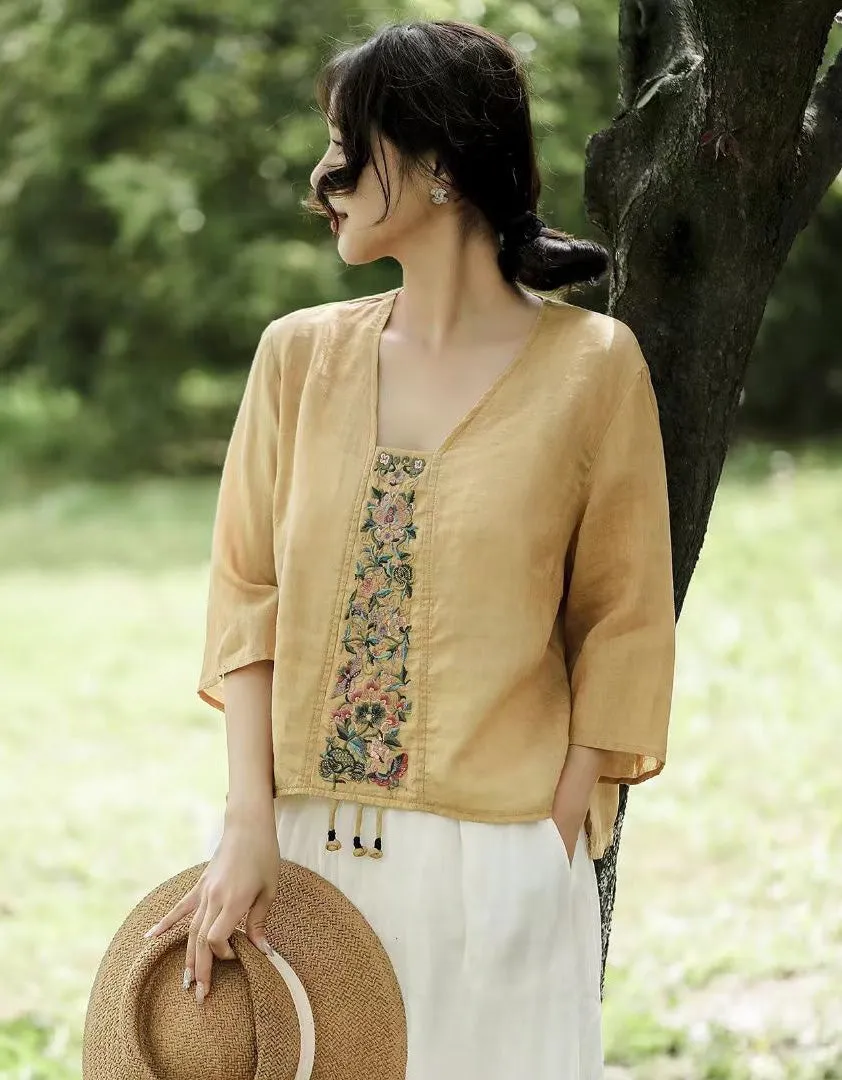 Embroidered Retro Pullover Summer Ramie Shirt