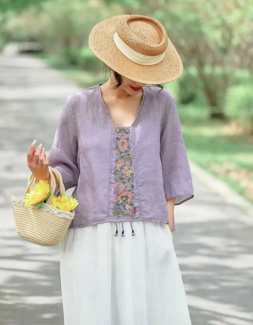 Embroidered Retro Pullover Summer Ramie Shirt