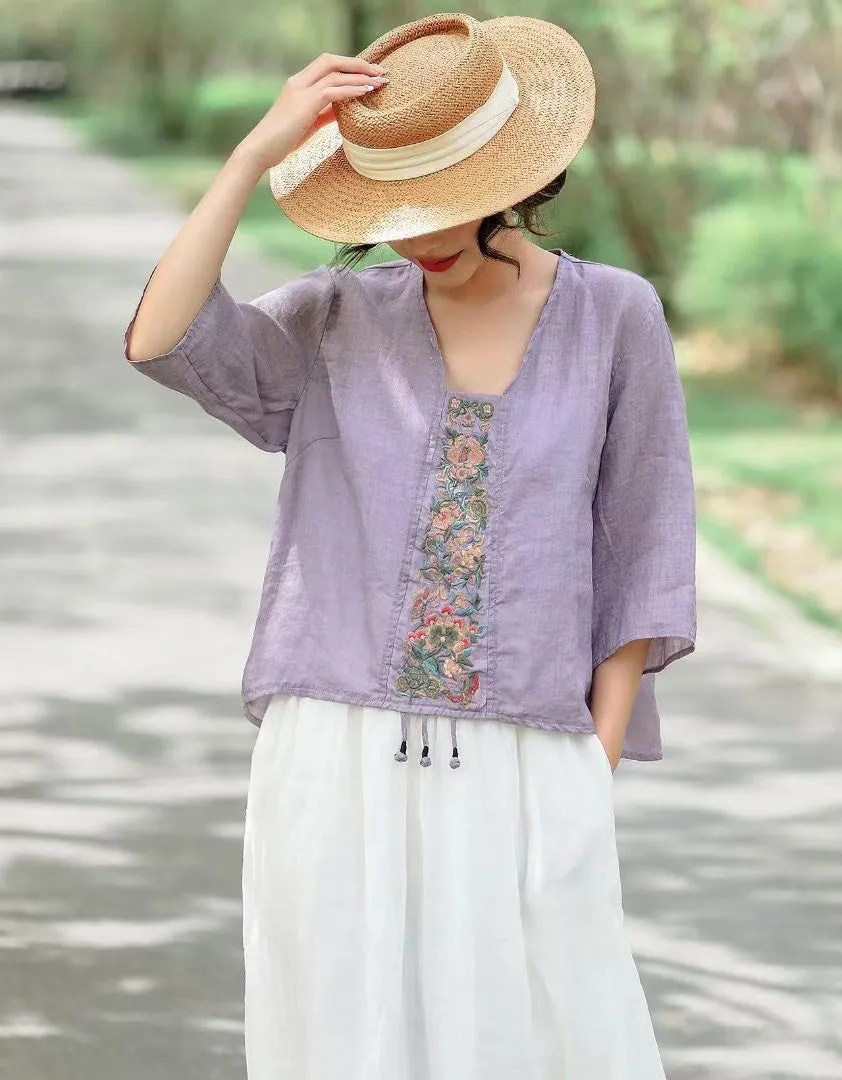 Embroidered Retro Pullover Summer Ramie Shirt