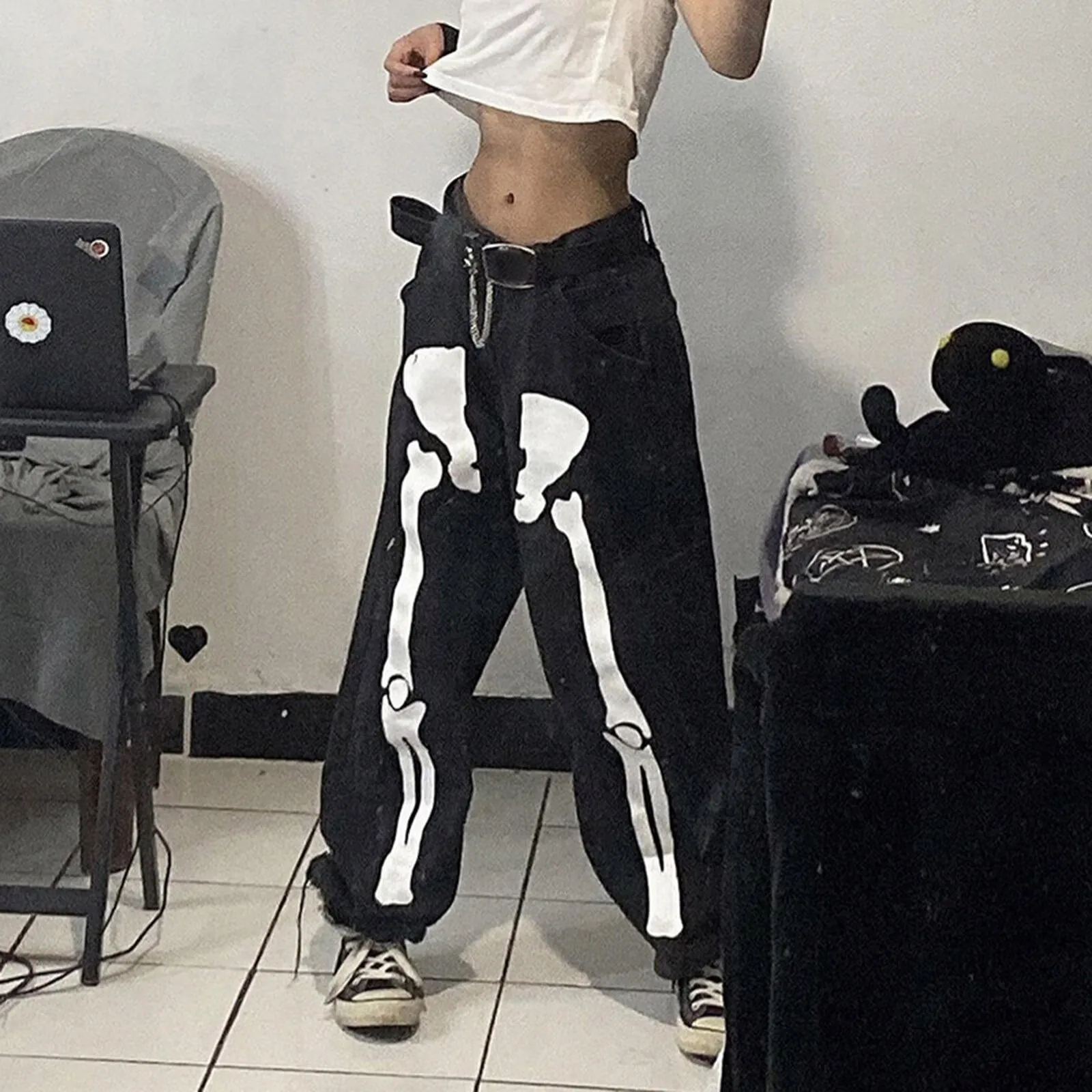 FashionSierra - Skull Printed Sweatpants Women Joggers Pants Teen Hip Hop Wide Leg Jeans Pant Streetwear Plus Size Gothic Straight Trousers