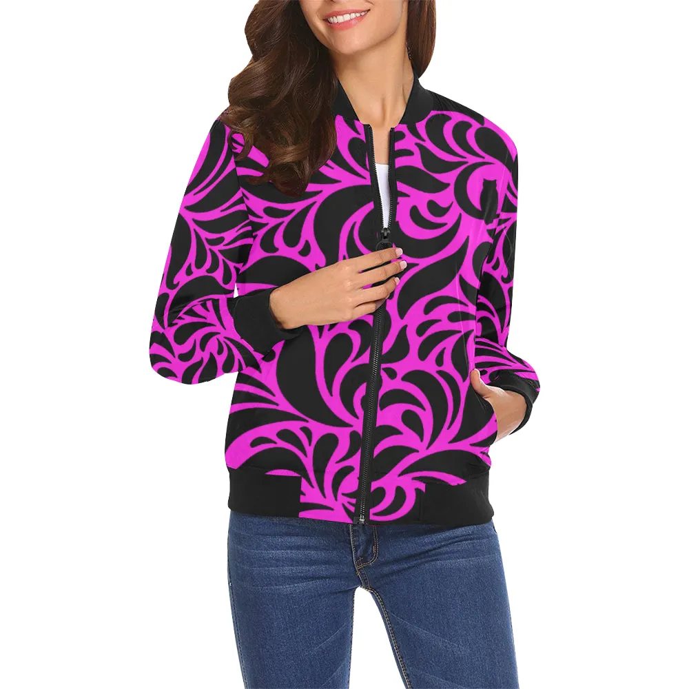 GORGIOUS LEAF PINKISH All Over Print Bomber Jacket for Women