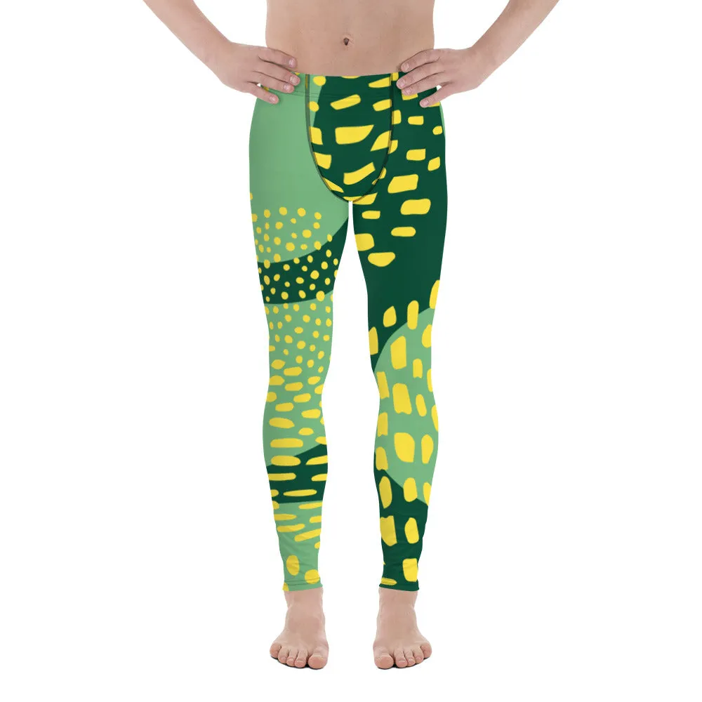 Green Abstract Fun Men's Leggings, Green Yellow Abstract Printed Sexy Meggings - Made in USA/EU/MX