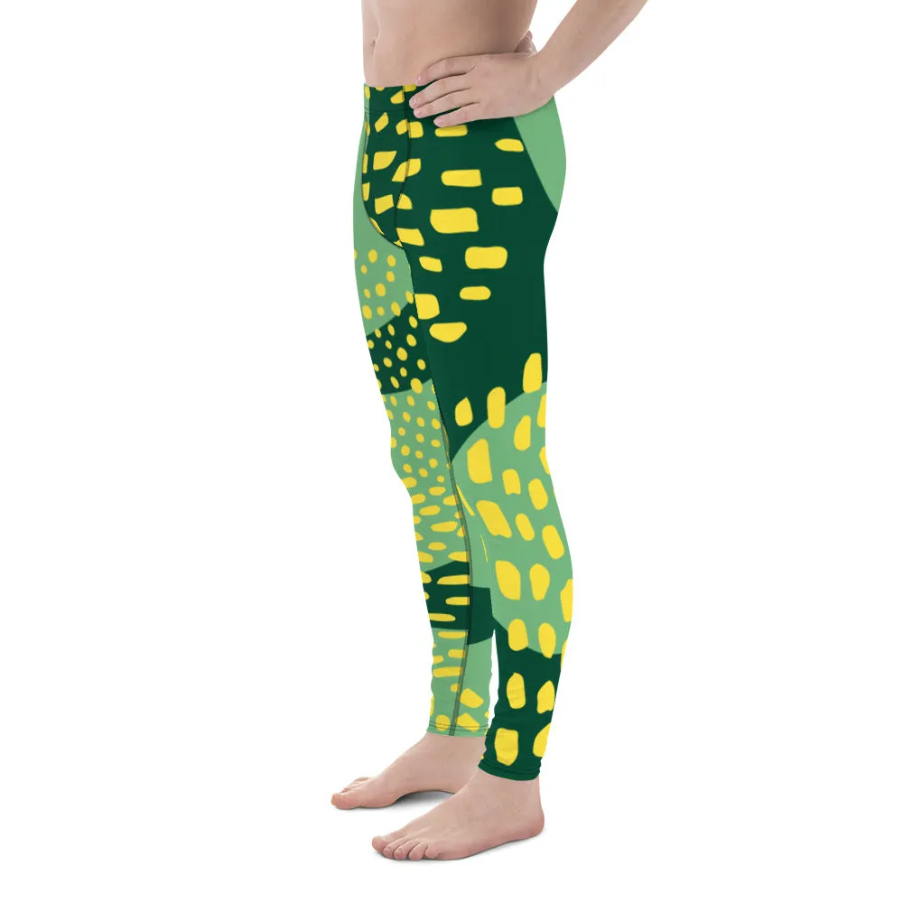 Green Abstract Fun Men's Leggings, Green Yellow Abstract Printed Sexy Meggings - Made in USA/EU/MX