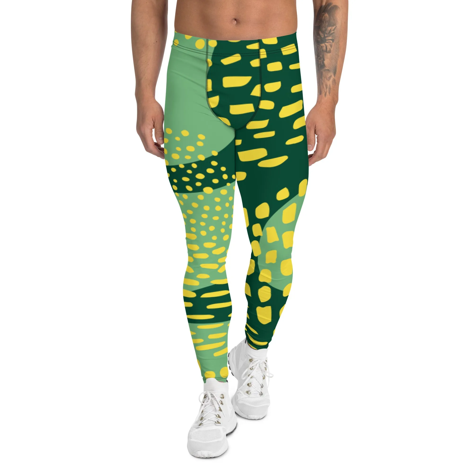 Green Abstract Fun Men's Leggings, Green Yellow Abstract Printed Sexy Meggings - Made in USA/EU/MX