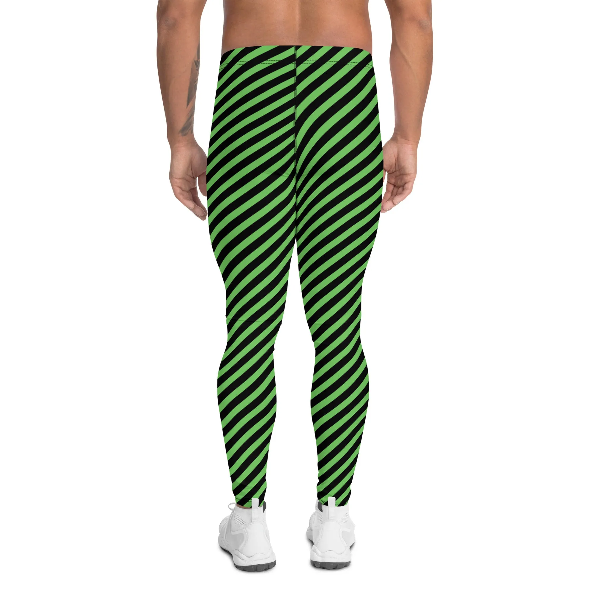 Green Black Diagonal Striped Meggings, Designer Running Compression Tights For Men - Made in USA/EU/MX