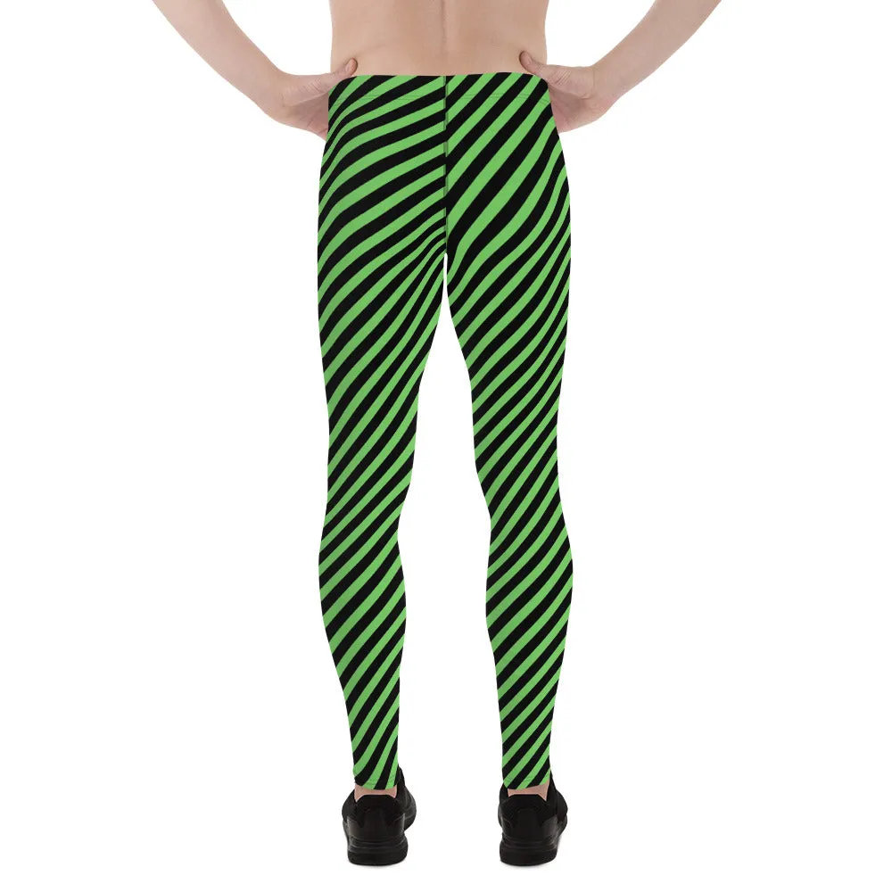 Green Black Diagonal Striped Meggings, Designer Running Compression Tights For Men - Made in USA/EU/MX