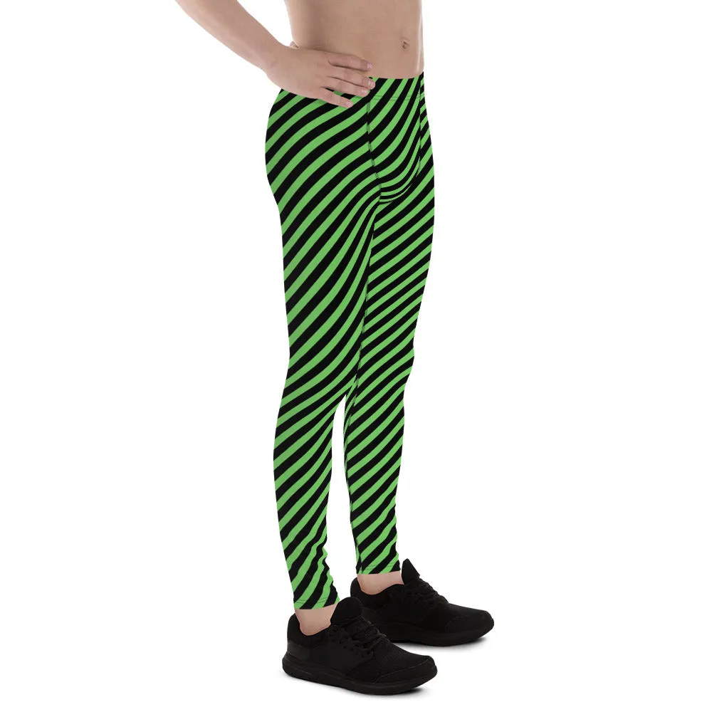 Green Black Diagonal Striped Meggings, Designer Running Compression Tights For Men - Made in USA/EU/MX