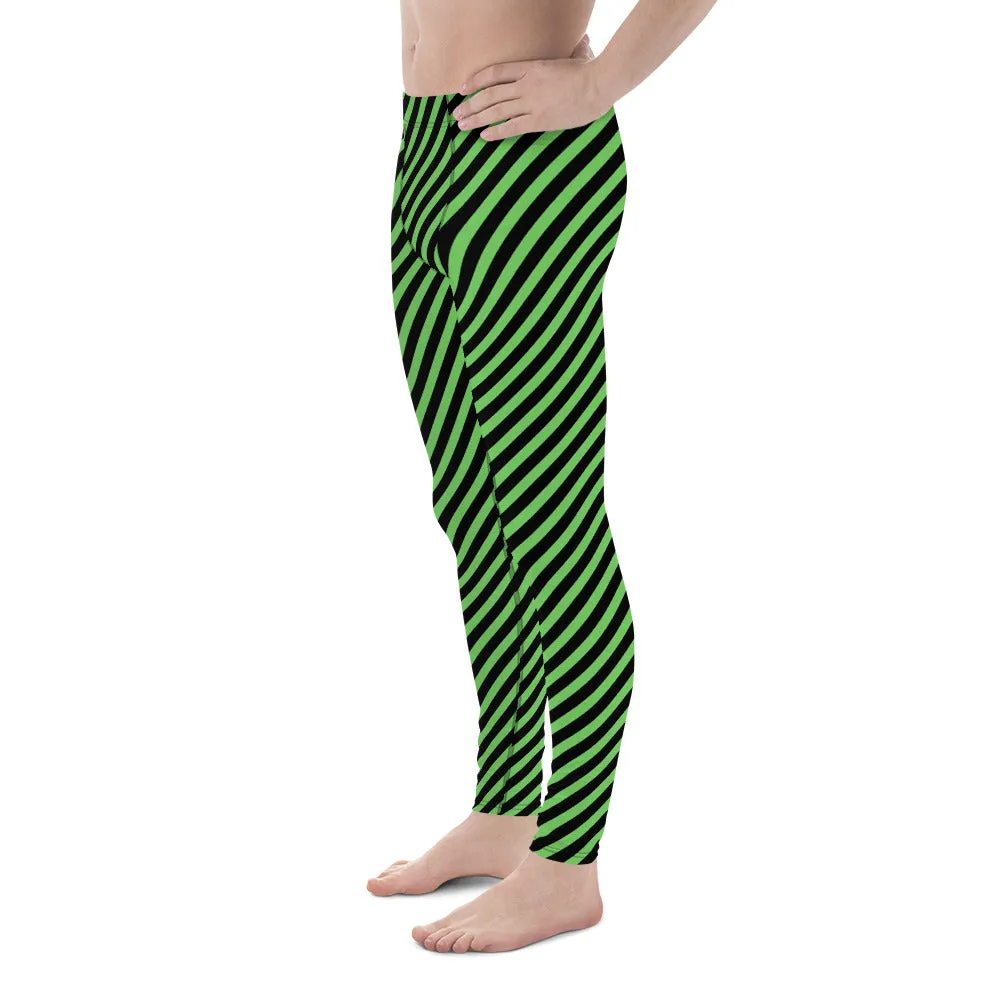 Green Black Diagonal Striped Meggings, Designer Running Compression Tights For Men - Made in USA/EU/MX