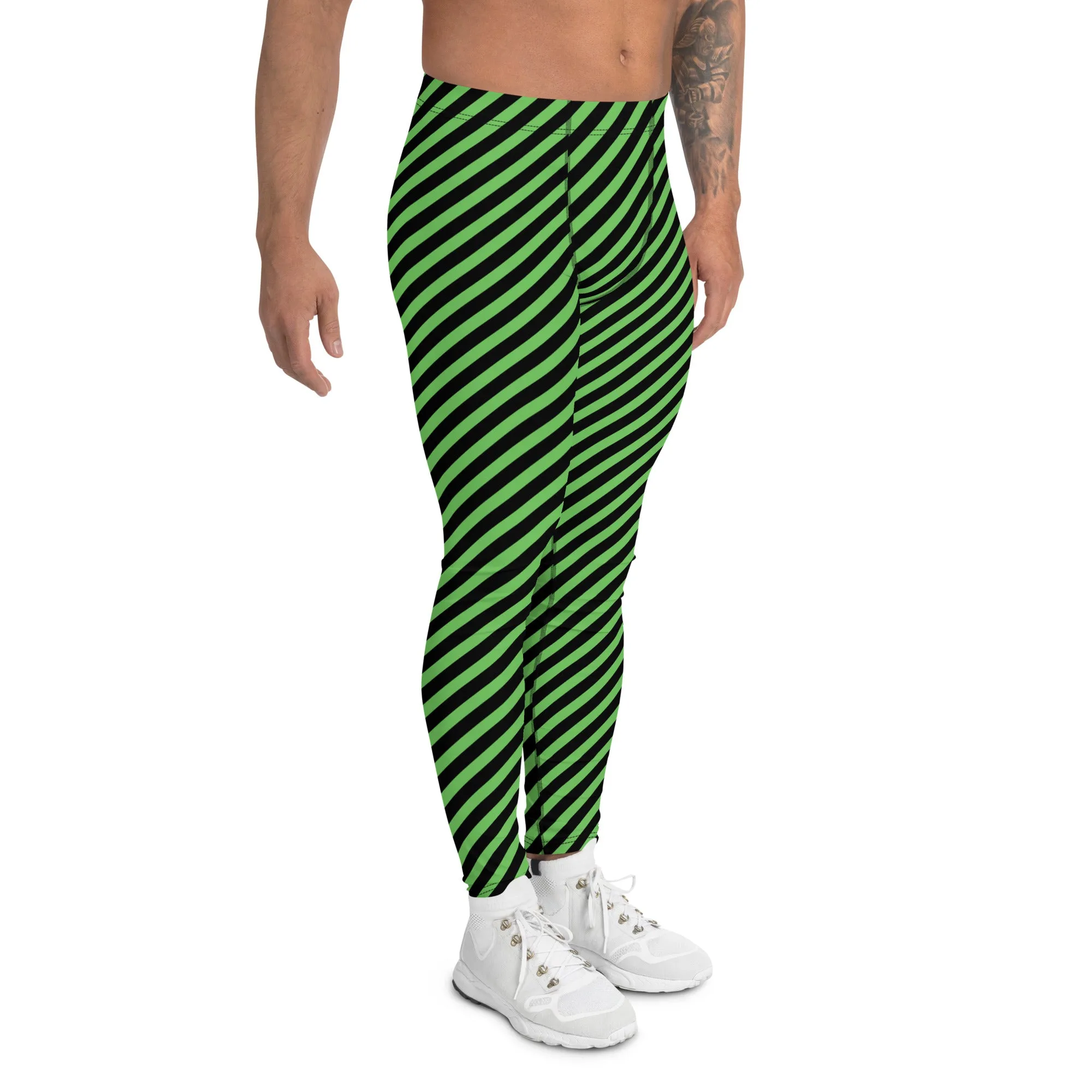 Green Black Diagonal Striped Meggings, Designer Running Compression Tights For Men - Made in USA/EU/MX