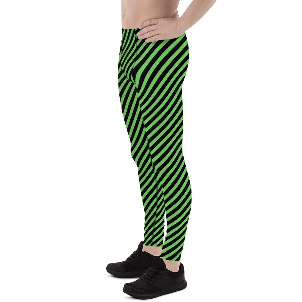 Green Black Diagonal Striped Meggings, Designer Running Compression Tights For Men - Made in USA/EU/MX