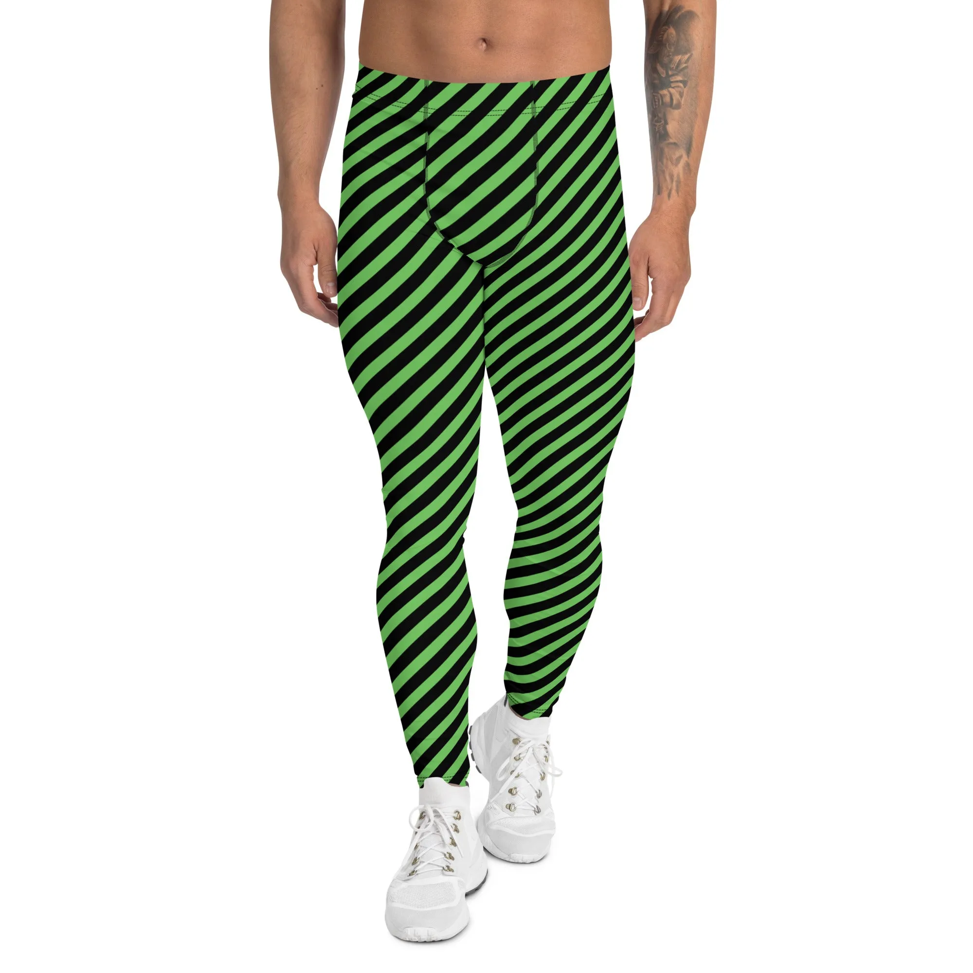 Green Black Diagonal Striped Meggings, Designer Running Compression Tights For Men - Made in USA/EU/MX