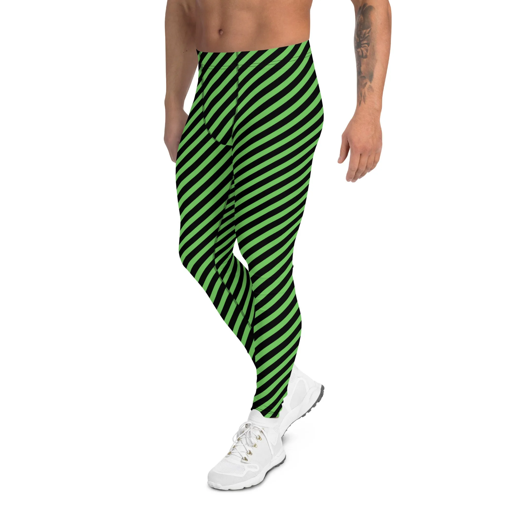 Green Black Diagonal Striped Meggings, Designer Running Compression Tights For Men - Made in USA/EU/MX