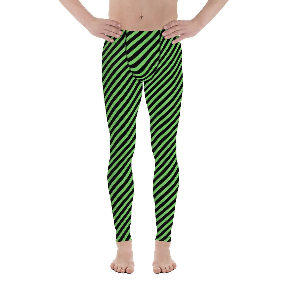 Green Black Diagonal Striped Meggings, Designer Running Compression Tights For Men - Made in USA/EU/MX