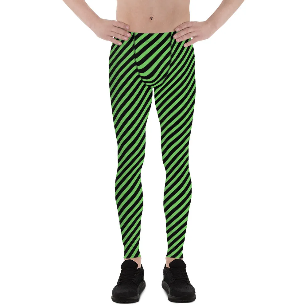 Green Black Diagonal Striped Meggings, Designer Running Compression Tights For Men - Made in USA/EU/MX