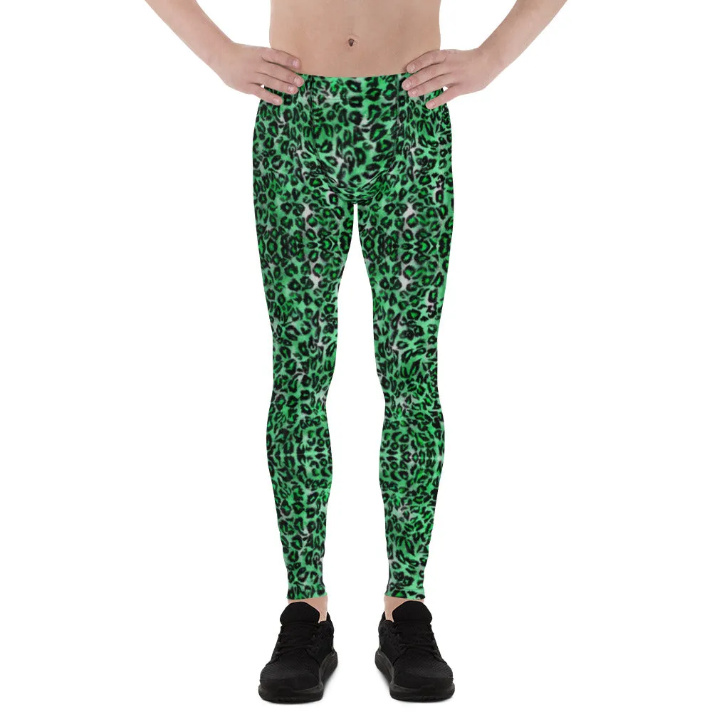 Green Leopard Print Men's Leggings, Animal Print Compression Running Tights-Made in USA/EU