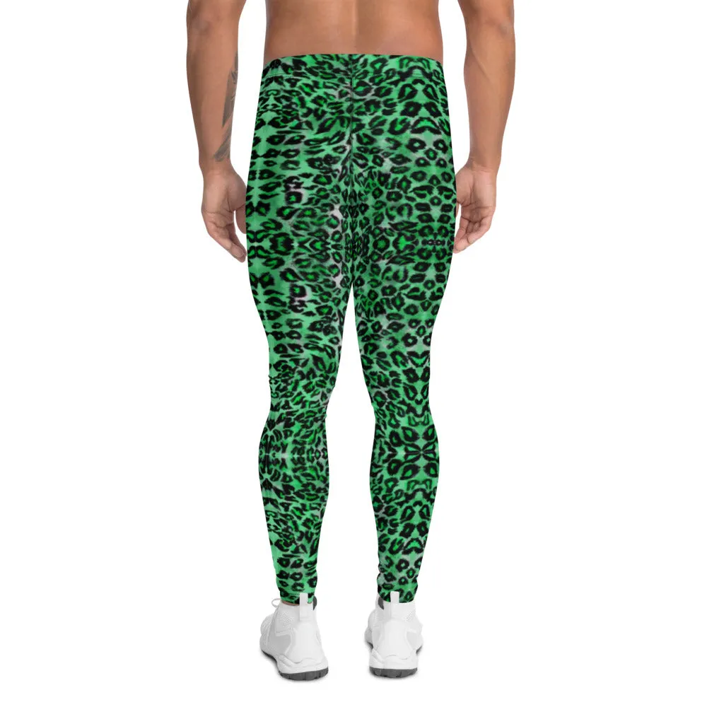 Green Leopard Print Men's Leggings, Animal Print Compression Running Tights-Made in USA/EU