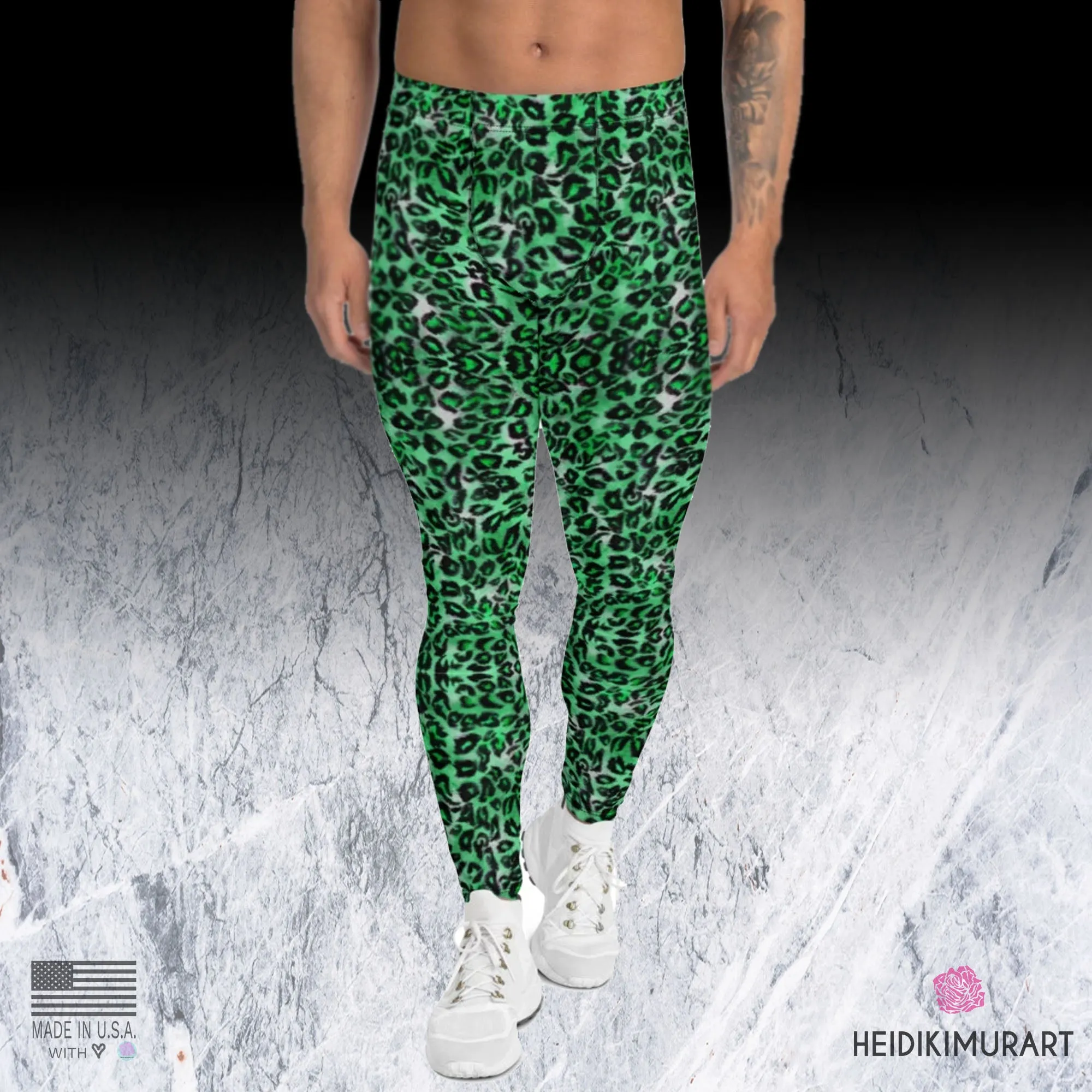 Green Leopard Print Men's Leggings, Animal Print Compression Running Tights-Made in USA/EU