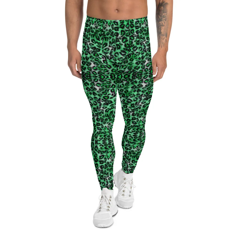 Green Leopard Print Men's Leggings, Animal Print Compression Running Tights-Made in USA/EU