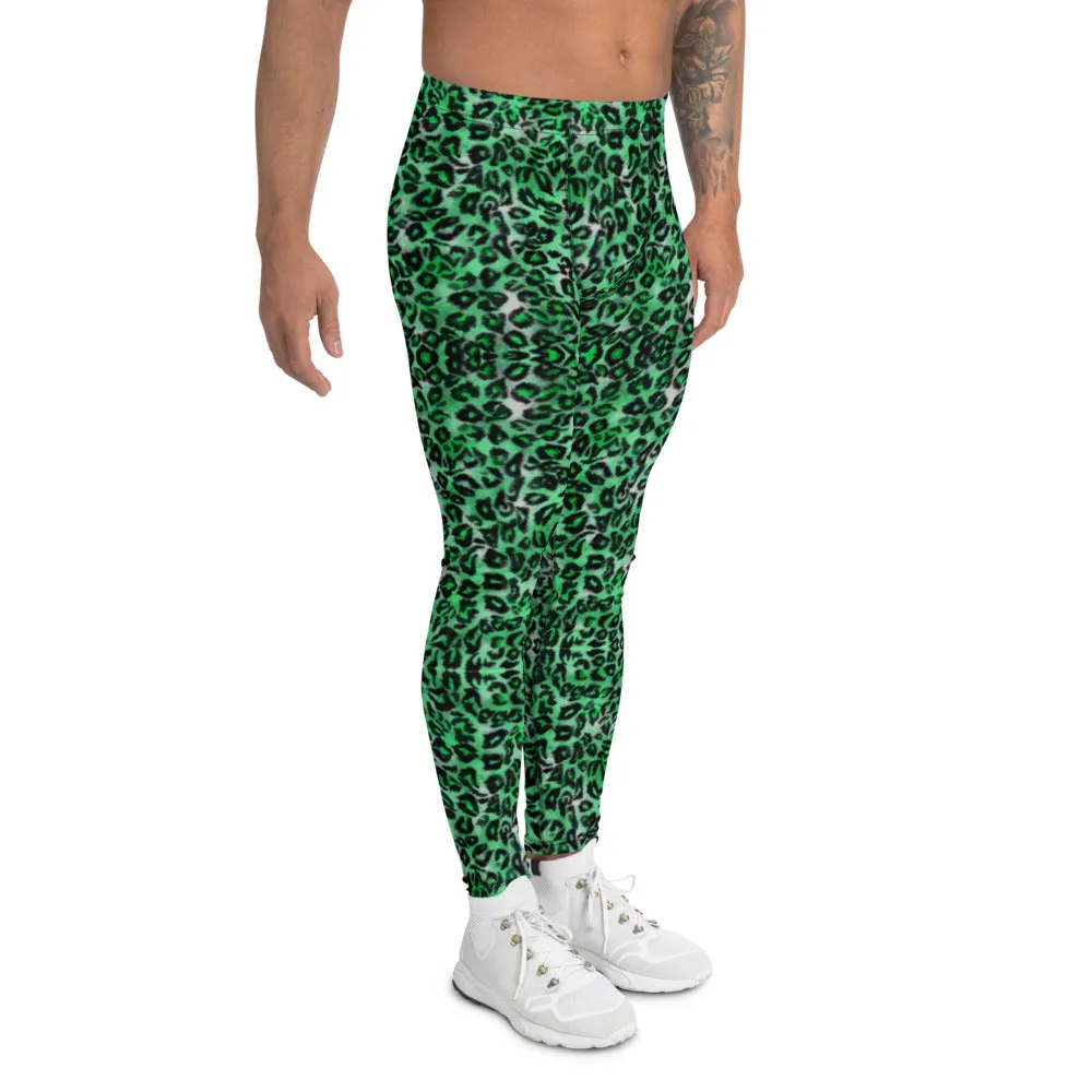 Green Leopard Print Men's Leggings, Animal Print Compression Running Tights-Made in USA/EU