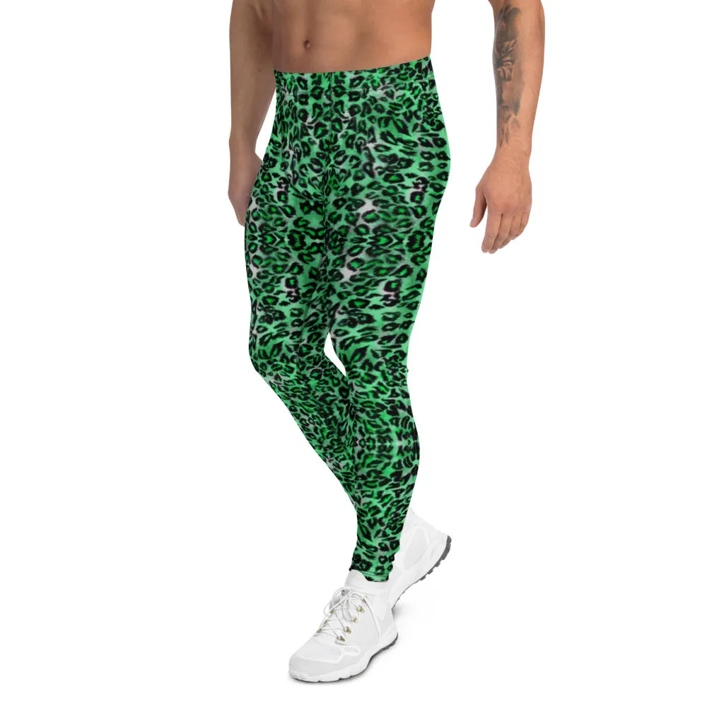 Green Leopard Print Men's Leggings, Animal Print Compression Running Tights-Made in USA/EU