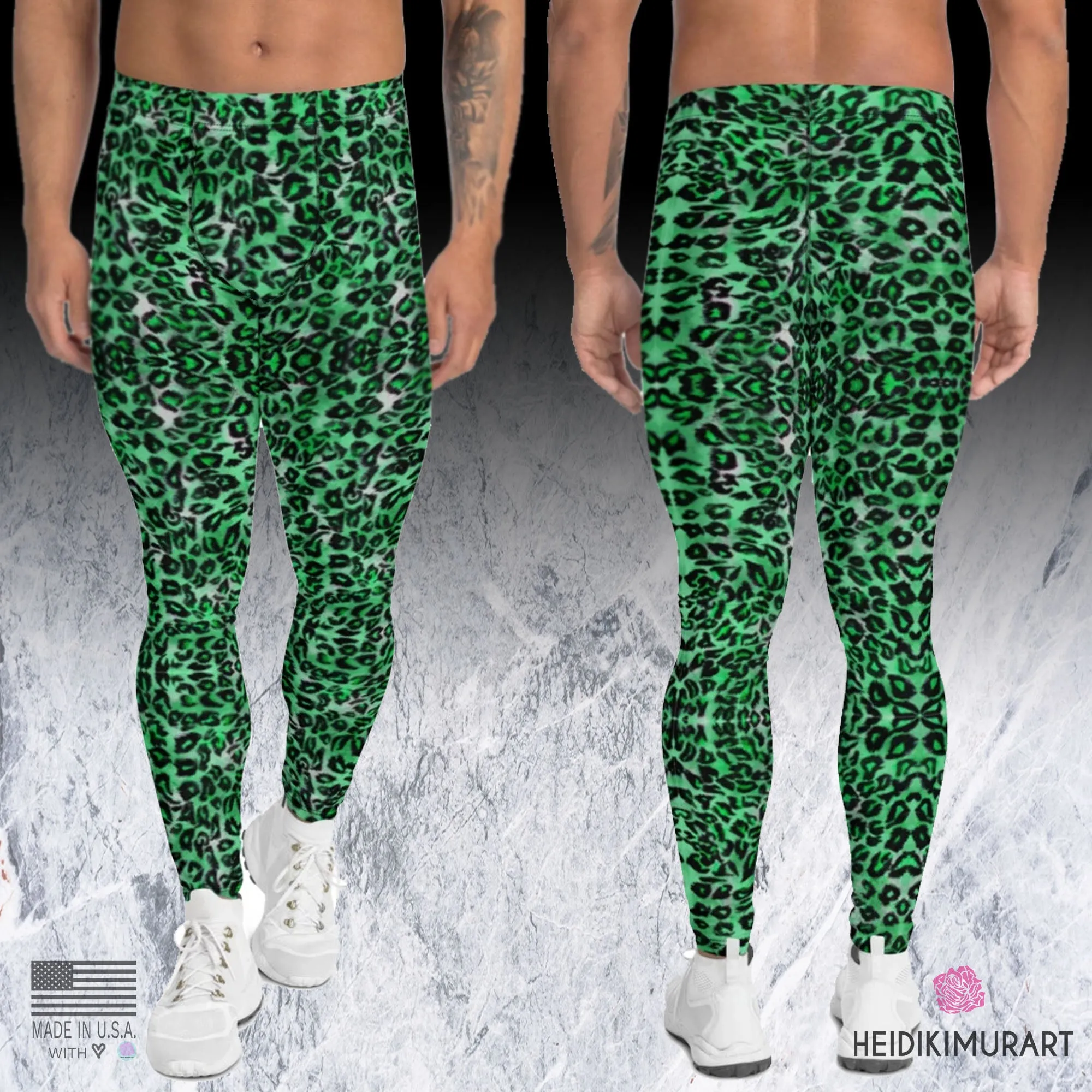 Green Leopard Print Men's Leggings, Animal Print Compression Running Tights-Made in USA/EU