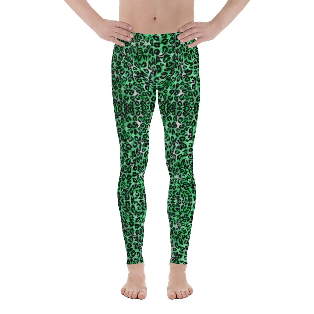 Green Leopard Print Men's Leggings, Animal Print Compression Running Tights-Made in USA/EU