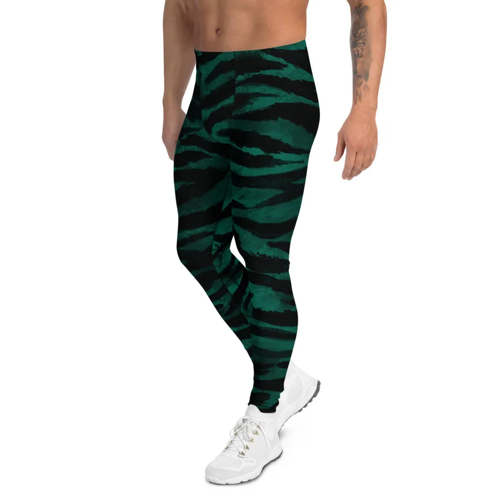 Green Tiger Stripe Men's Leggings, Tiger Animal Print Sexy Meggings Tights-Made in USA/EU