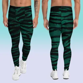 Green Tiger Stripe Men's Leggings, Tiger Animal Print Sexy Meggings Tights-Made in USA/EU