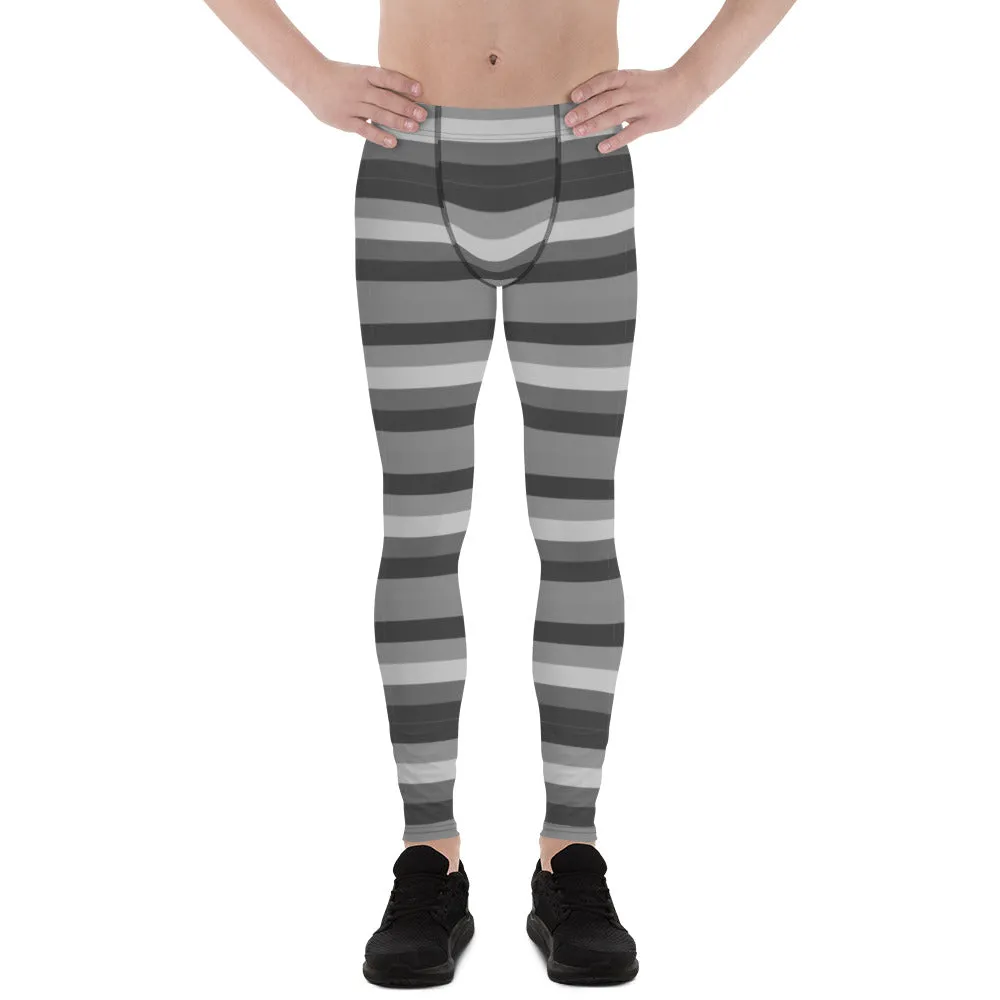 Grey Horizontally Striped Men's Leggings, Modern Stripes Men's Meggings-Made in USA/EU/MX