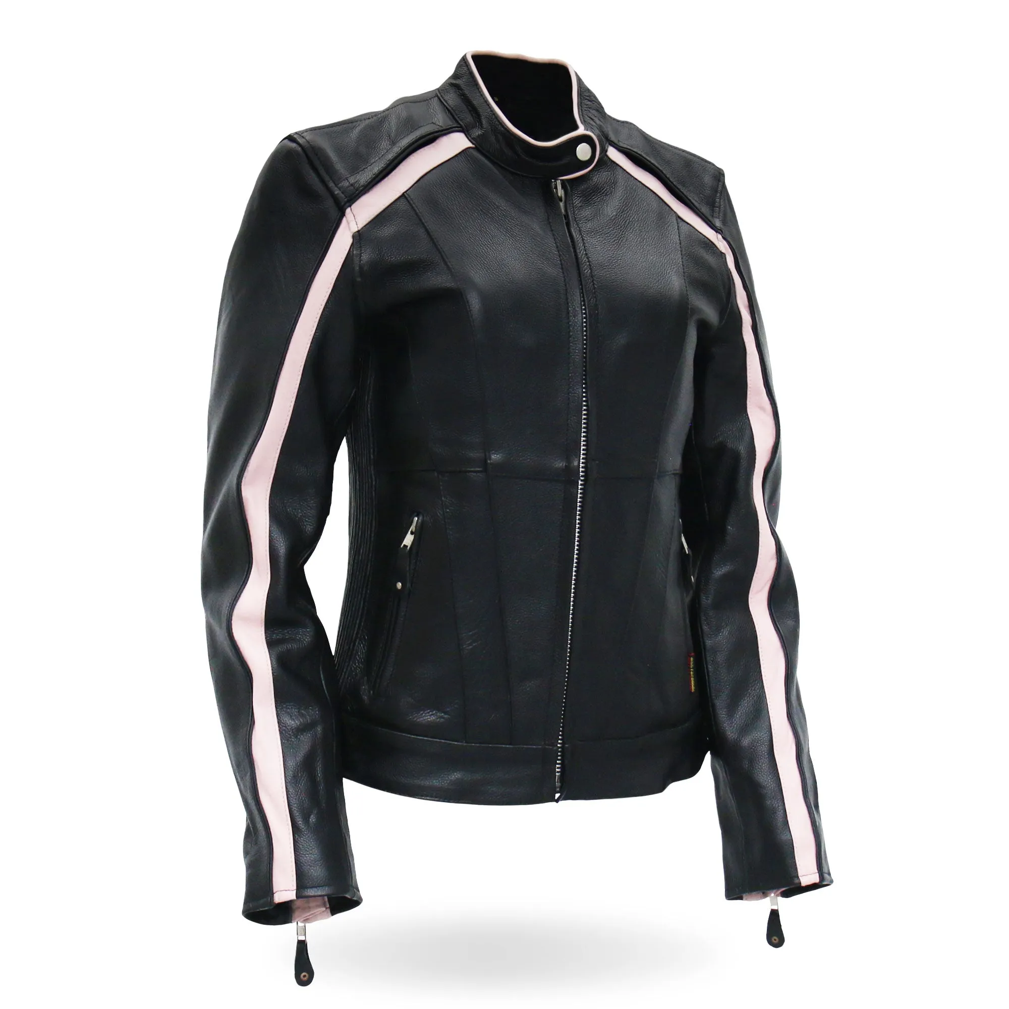 Hot Leathers JKL1022 Pink Striped Motorcycle Leather Biker Jacket with Reflective Piping