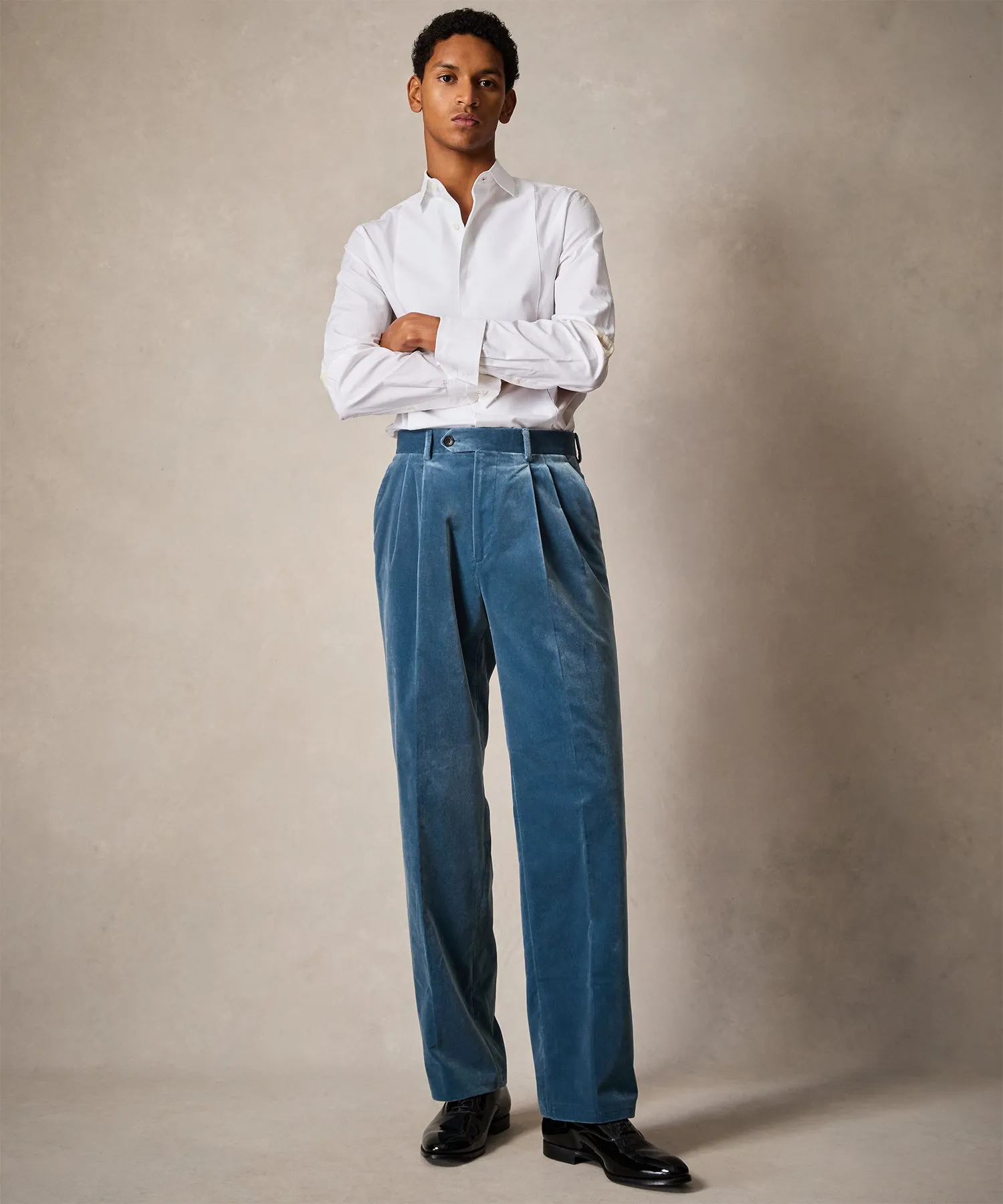 Italian Relaxed Velvet Tuxedo Trouser in Turquoise