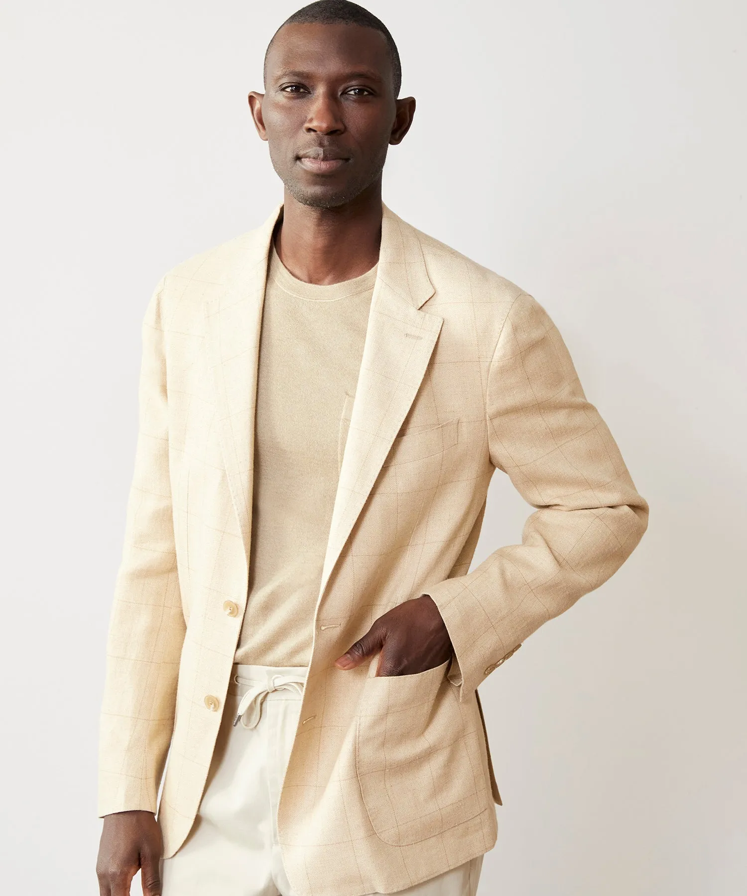 Italian Silk Linen Sport Coat in Tan Windowpane