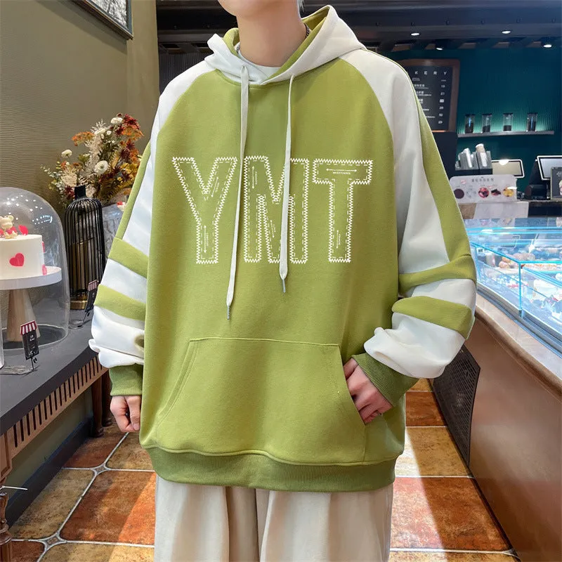 Jinquedai fall outfits men 2024 Spring New Simple Hooded Sweater Men's Youth Student Wear Casual Pullover Stitching Top